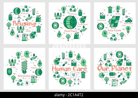 Set of green eco banners with line icons Stock Vector