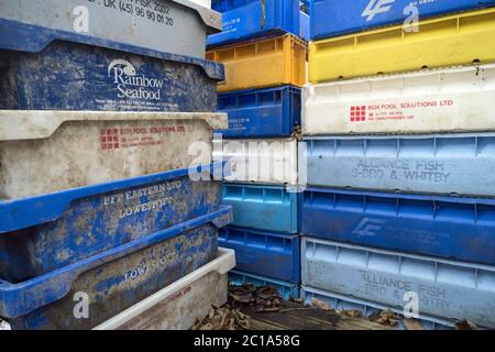 Fishing crates, buoys and other maritime objects in front of the old bar Blaue Maus on the North Fri Stock Photo