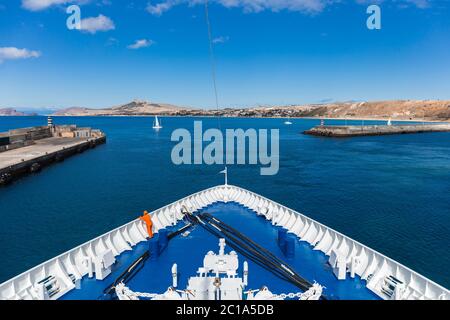 Panoramic view of Porto Santo island from Lobo Marinho boat Stock Photo