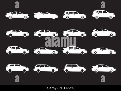 White car icons on black background. Vector Illustration. Stock Vector