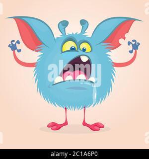 Angry cartoon monster. Yelling blue monster emotion with big mouth roars. Halloween vector illustration Stock Vector