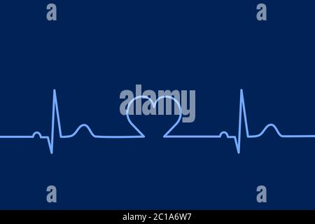 Pulse rate. Heart rhythm. Heartbeat line. Normal electrocardiogram, EKG, ECG with heart in the middle. Healthcare concept. Blue on dark background. Stock Vector