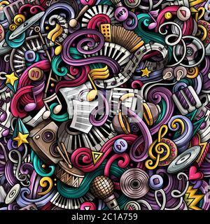 Music hand drawn vector doodles seamless pattern. Stock Vector