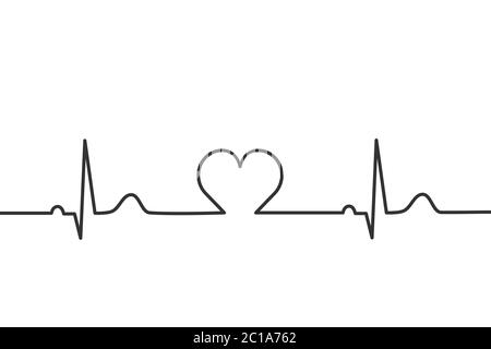 Pulse rate. Heart rhythm. Heartbeat line. Normal electrocardiogram, EKG, ECG with heart in the middle. Healthcare concept. Black on white background. Stock Vector