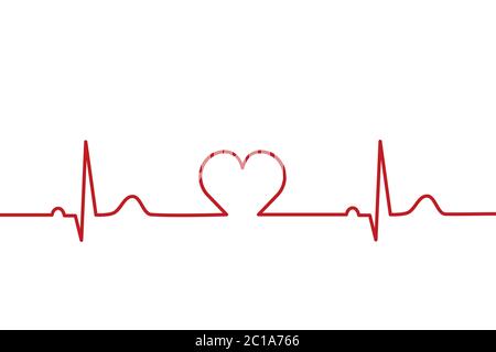 Normal electrocardiogram, EKG, ECG with heart in the middle. Heartbeat line. Pulse rate. Heart rhythm. Healthcare concept. Red on white background. Stock Vector