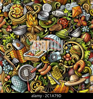 Picnic hand drawn doodles seamless pattern. BBQ background. Stock Vector