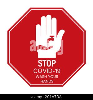 Sticker with the text Stop COVID-19 wash your hands. Red and white sticker. Stop Sign. Octagon stop sign with hand and tap. Stock Vector