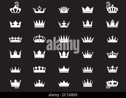 Big Set of vector king crowns icon on black background. Vector Illustration. Emblem and Royal symbols. Stock Vector