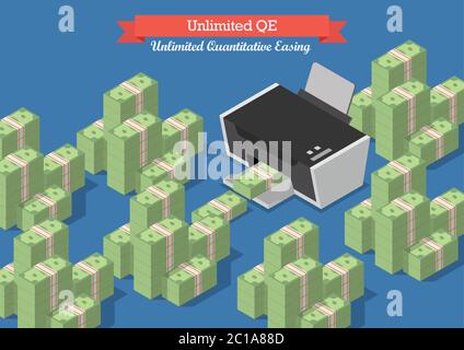 Unlimited Quantitative Easing. Printing money business concept Stock Vector