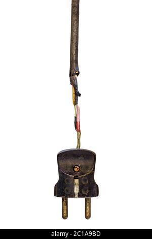 Vintage enamel power plug with broken cord isolated on a white background Stock Photo