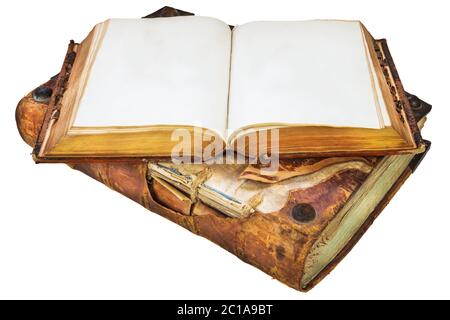 Two authentic medieval antique books with copy space isolated on a white background Stock Photo