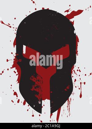 Grunge Abstract Black Spartan Helmet Silhouette Over White And Red Grunge Background Stock Vector