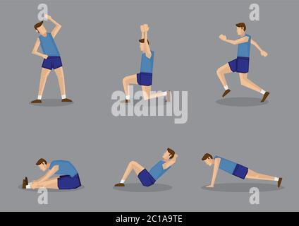 Sporty man in blue singlet and shorts doing stretching and warming up exercises. Vector illustration set isolated on grey background. Stock Vector