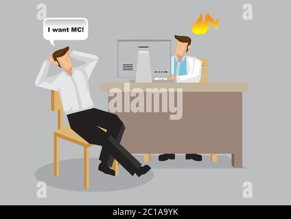 Cartoon patient in doctors office demands medical certificate from general practitioner. Vector illustration on abuses in healthcare and medical indus Stock Vector