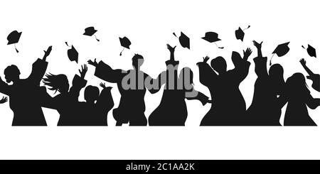Seamless border with graduate students in graduation clothing jumping and throwing the mortarboard high into the air. Flat vector illustration pattern Stock Vector