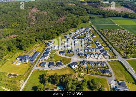 Aerial photograph, new development area housing estate Dollberg and allotment garden Am Wiedenberg, Arnsberg, Sauerland, Hochsauerlandkreis, North Rhi Stock Photo