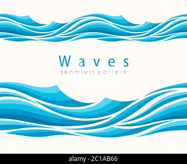 Marine seamless pattern with stylized waves on a light background. Stock Vector