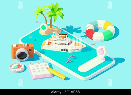 Vector isometric yacht booking app illustration Stock Vector