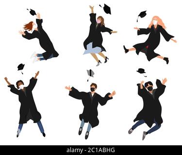 Vector set with happy graduate students in graduation clothing. Grads, jumping and throwing the mortarboards high into the air. Flat vector Stock Vector