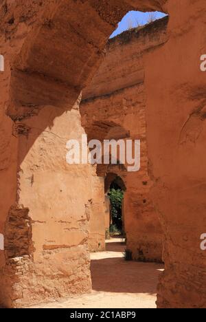 The medieval ruined arches of the massive Heri es-Souani Royal Stables and Granaries of Moulay Ismail in the Imperial City of Meknes, Morocco. Stock Photo