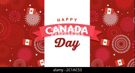 Canada day celebration. Canada Independence Day. 1st of July. Happy Canada Day greeting card. Celebration background with fireworks, flags and text Stock Vector