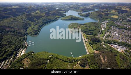 Aerial view, Gilberginsel, Lake Bigge, excursion boat on the Bigge dam, Attendorn, Sauerland, North Rhine-Westphalia, Germany, excursion trips, excurs Stock Photo