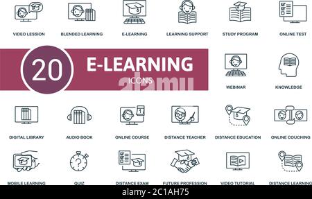 E-Learning icon set. Collection contain webinar, video lesson, study program, digital library and over icons. E-Learning elements set. Stock Vector