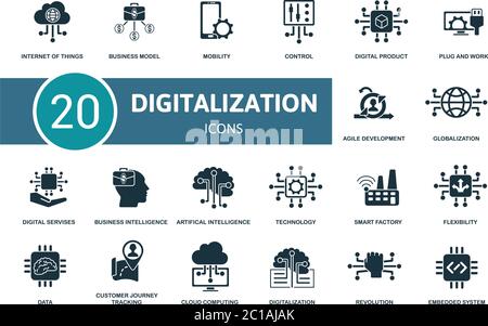 Digitalization icon set. Collection contain digital services, cloud computing, data, flexibility and over icons. Digitalization elements set. Stock Vector