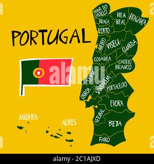 Vector hand drawn stylized map of Portugal. Travel illustration of Portuguese Republic regions shape with names. Hand drawn lettering illustration. Eu Stock Vector