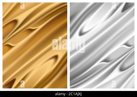 Set of silver and gold foil textures, metallic glossy surfaces. Sparkling fabric with folds, vecor illustration in realistic style Stock Vector