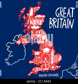 Travel map for england with british landmarks and symbols including ...