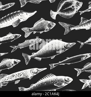 Hand drawn fish seamless pattern. Vector seafood illustrations on chalk board. Retro marine background Stock Vector