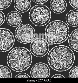 Hand drawn citrus seamless pattern. Vector oranges and lemons illustrations on chalk board. Retro fruit background Stock Vector