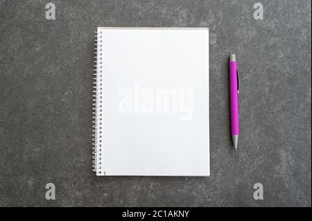 Top down view of pink pen placed next to an empty notebook which has place for copy space Stock Photo