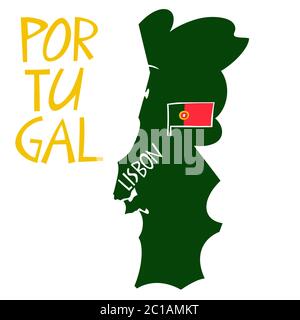 Vector hand drawn stylized map of Portugal. Travel illustration of Portuguese Republic shape. Hand drawn lettering illustration. Europe map element Stock Vector