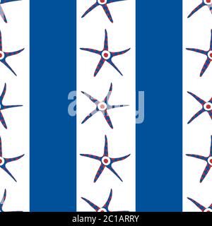 Starfish and stripes seamless vector pattern background. Hand drawn marine creature on geometric blue white backdrop. Striped ocean wildlife all over Stock Vector