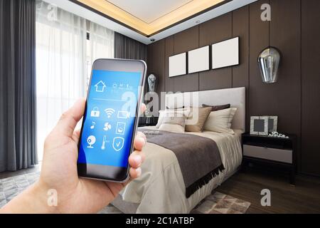 smart home system on mobile phone with background Stock Photo