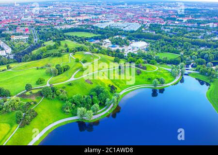 Olympiasee lake and park in Munich aerial view Stock Photo