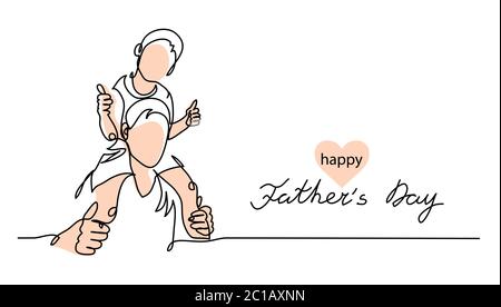 Happy Fathers day vector background, web banner, poster. Dad carries kid on his shoulders. One continuous line drawing with lettering Fathers day and Stock Vector
