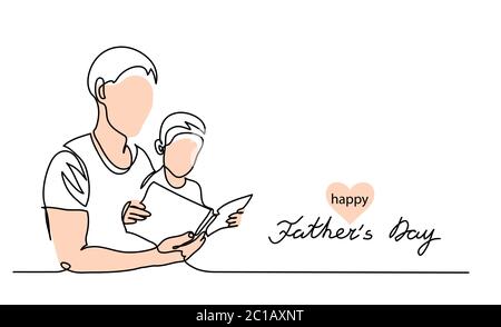 Happy Fathers day vector background, web banner, poster. Dad and kid read a book together. One continuous line drawing banner with lettering Fathers Stock Vector