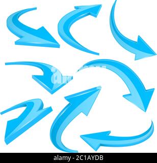Blue shiny 3d arrows. Curved signs Stock Vector