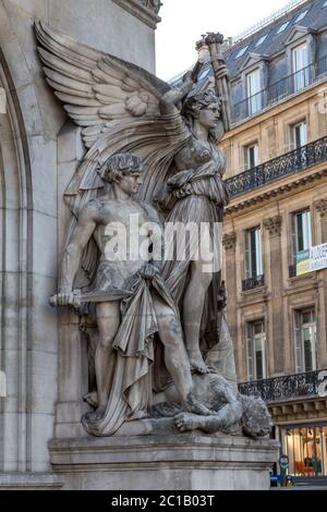 Architectural details of Opera National de Paris: Dance Facade sculpture by Carpeaux. Grand Opera Garnier Palace is famous neo-b Stock Photo