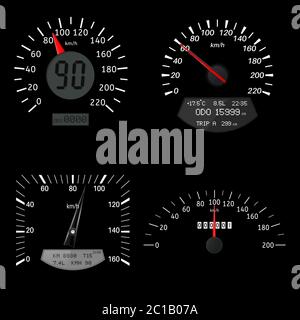 Speedometers. Black various scales of vehicles Stock Vector