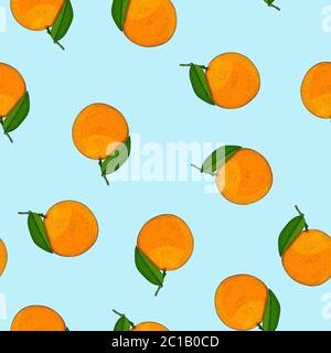 Orange fruits on blue background. Seamless pattern Stock Vector