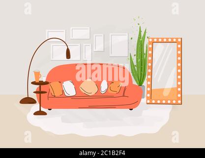 Interior of the living room. Vector flat illustration with Design of a cozy room with sofa, table, shelfs with books, plants and decor accessories Stock Vector