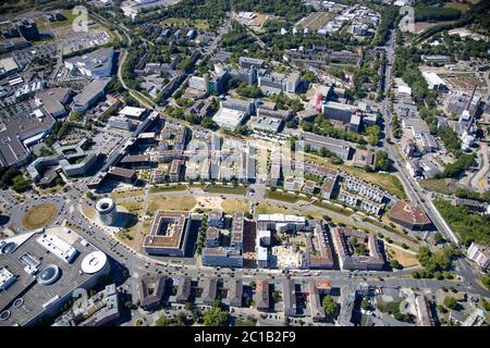 Aerial photograph, University Duisburg-Essen, University district, Grüne Mitte Essen, residential area Grüne Mitte Essen, Funke media centre, Essen, R Stock Photo