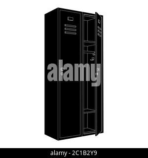 Lockers with one open door. Black outline drawing Stock Vector