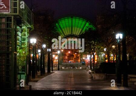 Forum des Halles shopping mall in Paris grand architectural entrance, spectacularly lit at night, French art nouveau, France. Stock Photo