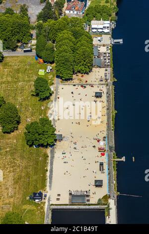 Aerial photograph, Seaside Beach Baldeney, Essen, Ruhr area, North Rhine-Westphalia, Germany, Corona measures, DE, adventure pool, Europe, river Ruhr, Stock Photo