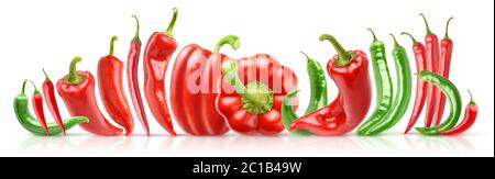 Isolated peppers. Red and green peppers of different shapes in a line isolated on white background Stock Photo